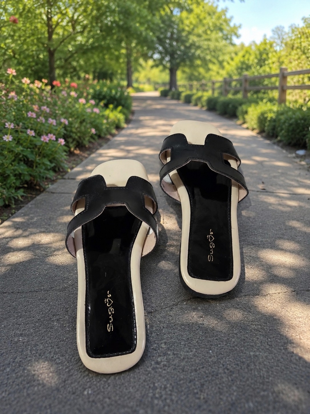 Black and Cream Slide Sandals for Women